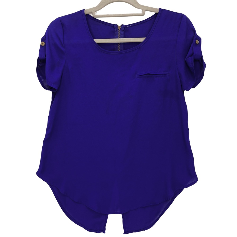 Edge Clothing Blue Roll Tab Sleeve Blouse S Zip Back Tulip Hem Chiffon Top